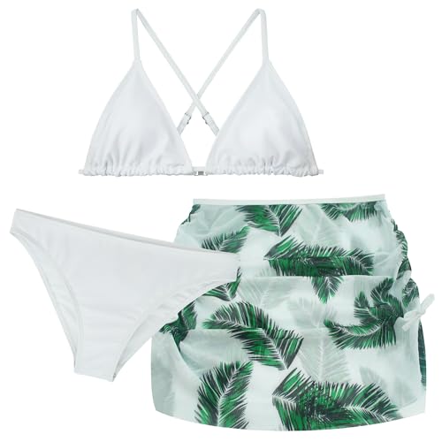 FEOYA Badeanzug Mädchen Bikini 3 Teilig Kinder Tankini Set Hawaii Strandbekleidung 50 UPF UV Sonnenschutz Badebekleidung mit Aufdrucken Schwimmanzug mit Rock Swimsuit 140 von FEOYA