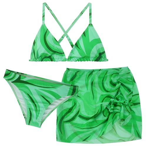 FEOYA Badeanzug Mädchen Bikini 3 Teilig Kinder Tankini Set Hawaii Strandbekleidung 50 UPF UV Sonnenschutz Badebekleidung mit Aufdrucken Schwimmanzug mit Rock Swimsuit 160 von FEOYA