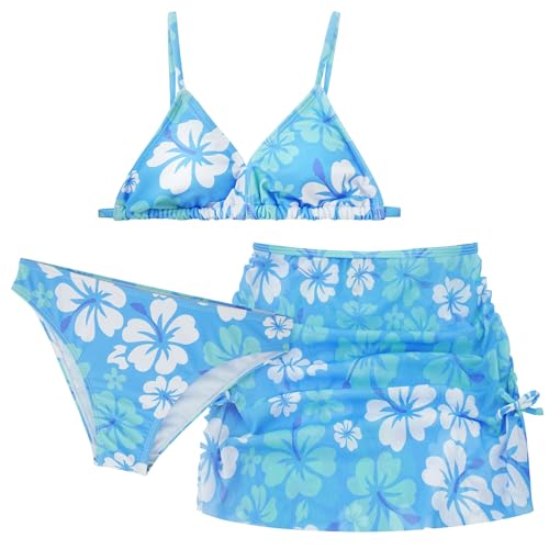 FEOYA Badeanzug Mädchen Bikini 3 Teilig Kinder Tankini Set Hawaii Strandbekleidung 50 UPF UV Sonnenschutz Badebekleidung mit Aufdrucken Schwimmanzug mit Rock Swimsuit 160 von FEOYA