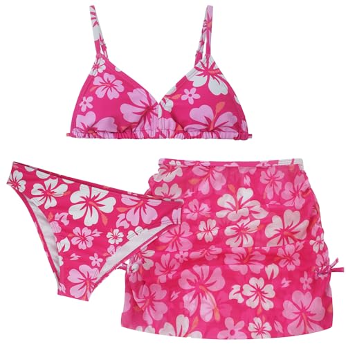 FEOYA Badeanzug Mädchen Bikini 3 Teilig Kinder Tankini Set Hawaii Strandbekleidung 50 UPF UV Sonnenschutz Badebekleidung mit Aufdrucken Schwimmanzug mit Rock Swimsuit 170 von FEOYA