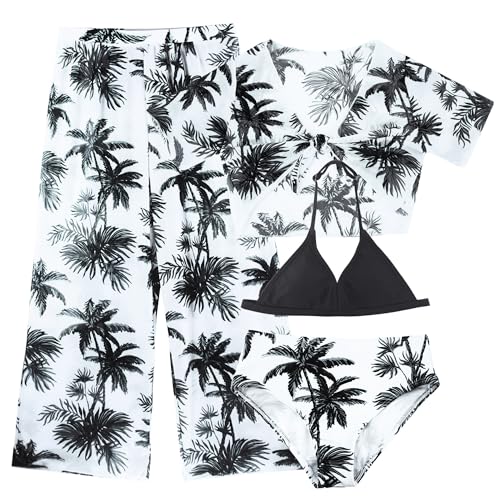 FEOYA Badeanzug Mädchen Bikini 4 Set Badeanzüge Zweiteiliger Tankini Oberteil mit Bikinihose Badebekleidung mit botanischem Muste Sonnenschutz Schwimmanzug für 9 Jahre von FEOYA