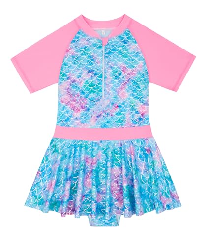 FEOYA Badeanzug Mädchen mit Rock Einteiler Kurzarm Schwimmrock mit Reißverschluss Meerjungfrau Bikini Schwimmbad Sommer Strand Bademode Bunte Drucke Wasser-Party -4-5 Jahre von FEOYA