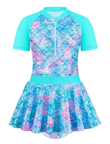 FEOYA Badeanzug Mädchen mit Rock Einteiler Kurzarm Schwimmrock mit Reißverschluss Meerjungfrau Bikini Schwimmbad Sommer Strand Bademode Bunte Drucke Wasser-Party -7-8 Jahre von FEOYA