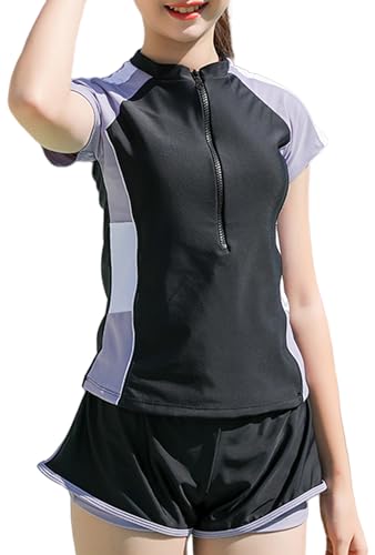 FEOYA Badeanzug mädchen Uv-Schutz Bade-Set zweiteilig Schwimmshirt Badeshorts Badebekleidung Bademode mit Reißverschluss Schnell Trocknen Stretch Schwimmanzug 150 von FEOYA