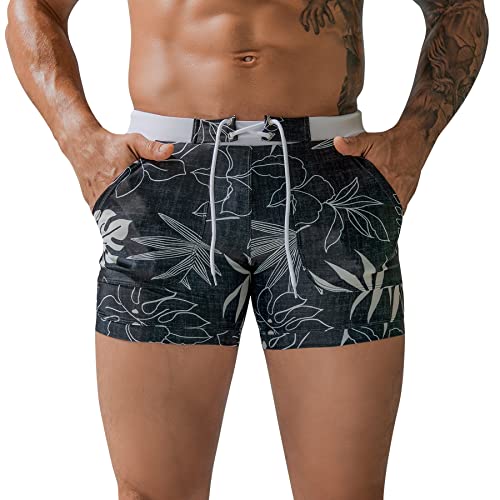 FEOYA Badehose Herren Badehose Shorts mit Kordelzug Strandshorts Sport Boxer Elastische Turnhose Board Shorts Print#1 S von FEOYA
