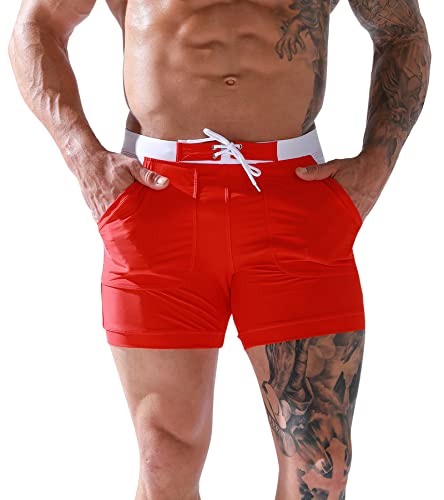 FEOYA Badehose Herren Badehose Shorts mit Kordelzug Strandshorts Sport Boxer Elastische Turnhose Board Shorts Rot M von FEOYA
