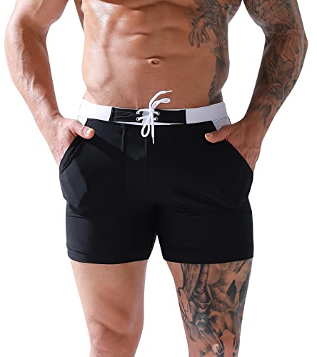 FEOYA Badehose Herren Badehose Shorts mit Kordelzug Strandshorts Sport Boxer Elastische Turnhose Board Shorts Schwarz M von FEOYA