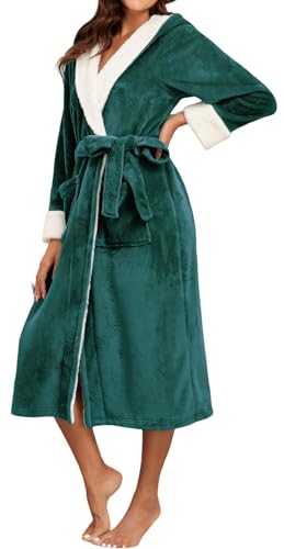 FEOYA Bademantel Damen mit Kapuze Winter Weich Loungewear Lang Morgenmantel Leichtes Spa Bademäntel Saunamantel Für Zuhause Spa oder Sauna Grün XXL von FEOYA