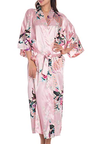FEOYA Bademantel Satin Damen Kimono Morgenmantel Frauen Lang Sommer Sleepwear Satin Blumen Nachtwäsche Nachthemd V Ausschnitt Robe Schlafanzug Pyjama Geschenk Weihnachten Damen Rosa XXXL von FEOYA