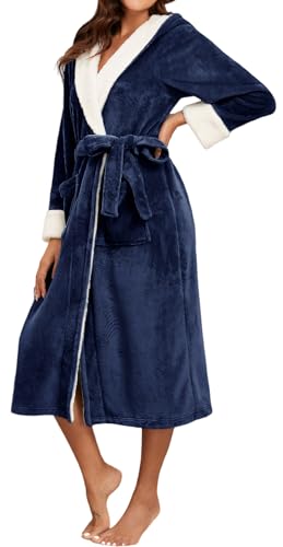 FEOYA Bademantel mit Kapuze Leichtes Spa Bademäntel Saunamantel Damen Lang Morgenmantel Winter Weich Loungewear Für Zuhause Blau S von FEOYA
