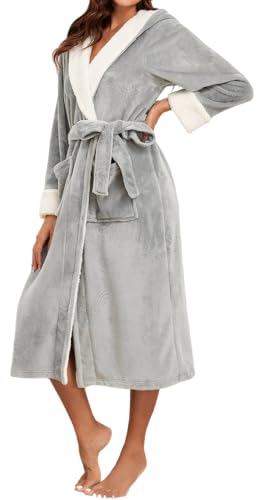 FEOYA Bademantel mit Kapuze Winter Weich Loungewear Damen Lang Morgenmantel Leichtes Spa Bademäntel Saunamantel Für Zuhause Spa oder Sauna Grau L von FEOYA