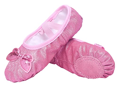 FEOYA Ballettschuhe Mädchen Ballettschuhe Leder Geteilte Sohle Ballett Ballerinas mit Schleife Tanzschuhe Turnschuhe für Kinder Indoor Gymnastik Ballerina Tanzschuhe Hausschuhe Rosa 28 von FEOYA