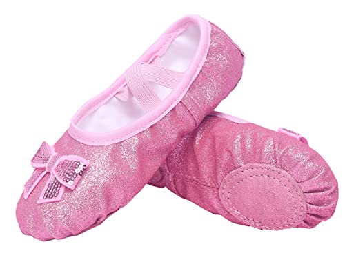 FEOYA Ballettschuhe mit Schleife Ballettschuhe für Mädchen Leder Geteilte Sohle Ballettschuhe Mädchen Ballettschuhe Tanzschuhe Gymnastik Yogaschuhe Flach Rosa 27 von FEOYA