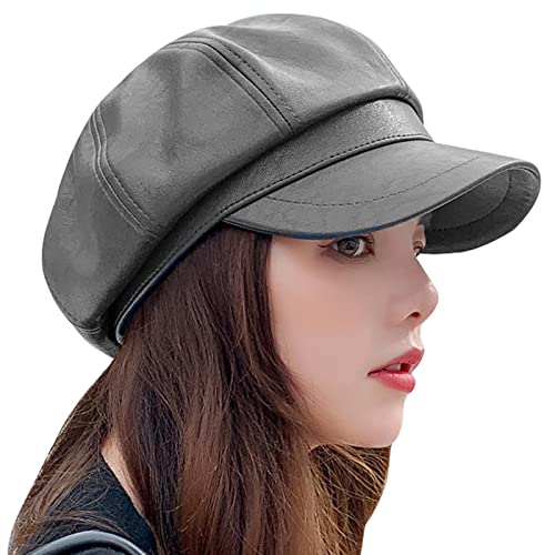 FEOYA Ballonmütze Damen Leder Schirmmütze Damen Winter Newsboy Cap Baker Boy Mütze Damen Grau von FEOYA