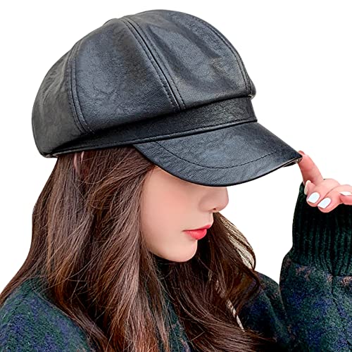 FEOYA Ballonmütze Damen Leder Schirmmütze Damen Winter Newsboy Cap Baker Boy Mütze Damen Schwarz von FEOYA