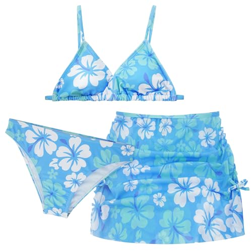 FEOYA Bikini 3 teilig Mädchen Badeanzug mit Blumen oder Blatt Drucken Rock Sommer Strand Bademode Sonnenschutz Badebekleidung Stretch Schwimmanzug Schnell Trocknen Strandbekleidung 140 von FEOYA