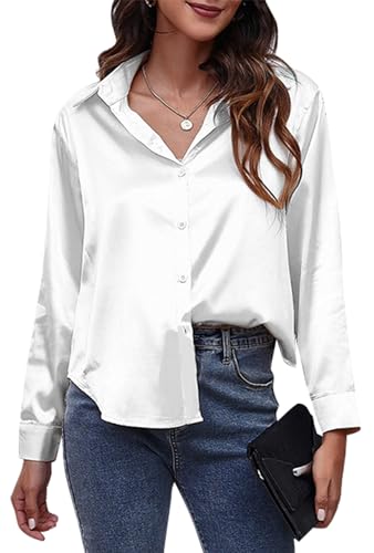 FEOYA Bluse Damen Elegant Langarm Hemden mit Knöpfen Casual Büro Arbeit Blusen Baumwolle Tunika Hemd Oberteile Tops - M von FEOYA