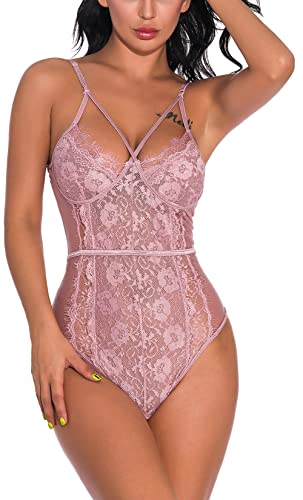 FEOYA Bodysuit Damen Rückenfrei Bodys Oberteil Sexy Nachtwäsche Spitzenbody Stringbody Negligee Lingerie Spitze Reizwäsche Dessous (Rosa D, M) von FEOYA