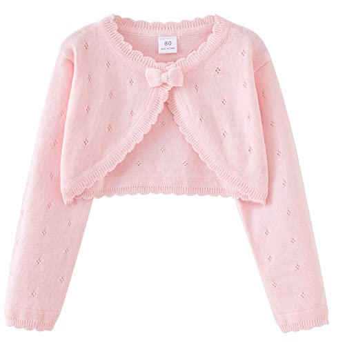 FEOYA Bolero Baby Mädchen Strick Tank Top Langarm Einfarbige Kleid Pullover mit Schleife Kinderkleidung Winddicht und UV-beständiger Mantel Baumwolle Rosa 80 von FEOYA