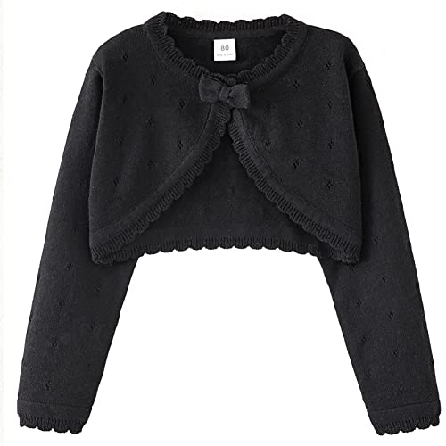 FEOYA Bolero Baby Mädchen Strick Tank Top Langarm Einfarbige Kleid Pullover mit Schleife Kinderkleidung Winddicht und UV-beständiger Mantel Baumwolle Schwarz 120 von FEOYA