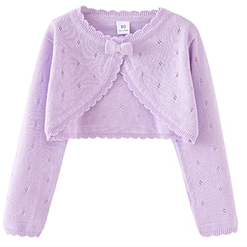 FEOYA Bolero Baby Mädchen Strick Tank Top Langarm Einfarbige Kleid Pullover mit Schleife Kinderkleidung Winddicht und UV-beständiger Mantel Baumwolle Violett 80 von FEOYA