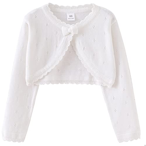 FEOYA Bolero Baby Mädchen Strick Tank Top Langarm Einfarbige Kleid Pullover mit Schleife Kinderkleidung Winddicht und UV-beständiger Mantel Baumwolle Weiß 140 von FEOYA