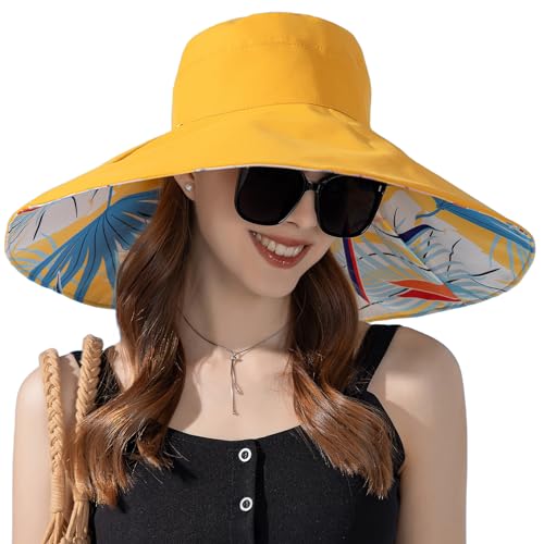 FEOYA Breite Krempe Sommerhut Faltbarer Sonnenhüte Damen mit Nackenschutz-UV Schutz Breite Krempe Gartenhut Frauen Strand Reise Sonnenhut Sommer Großer Hut Garten Outdoor Hut A-Gelb Einheitsgröße von FEOYA