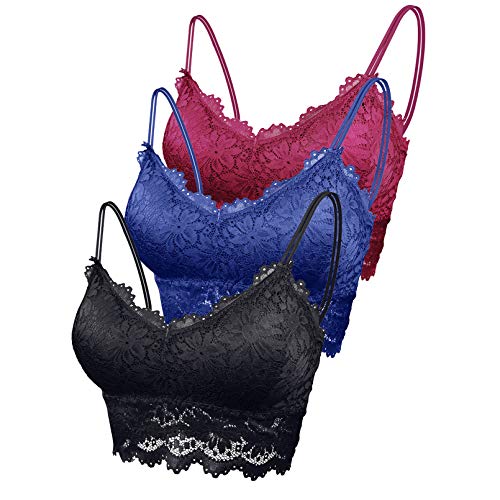 FEOYA Bustier Tops Damen Bralette Spitzen BH Ohne Bügel Dünn Nahtlos Korsett Yoga Fitness Dessous Trägertop 3 Stück Schwarz+Blau+Rot - Größe L(80D-85D) von FEOYA