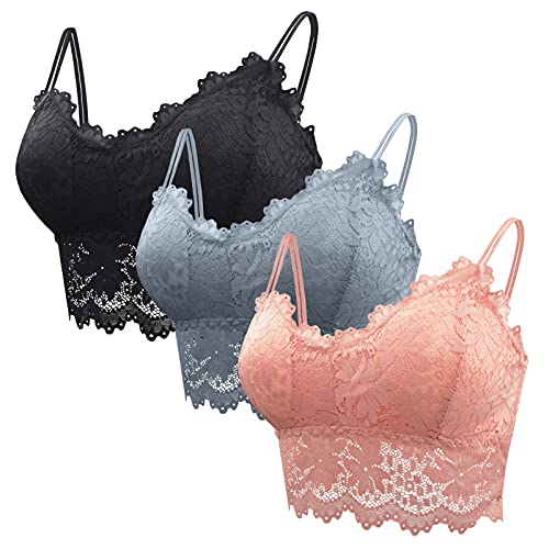 FEOYA Bustier Tops Damen Spitzen BH 3 Stück Gepolstert Bralette Training Bra Nahtlos Dessous Klassisch Trägertop Schwarz+Rosa+Grau - Größe M(75C-80C) von FEOYA