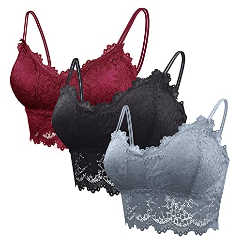 FEOYA Bustier Tops Damen Spitzen BH 3 Stück Gepolstert Bralette Training Bra Nahtlos Dessous Klassisch Trägertop Schwarz+Rot+Grau - Größe S(70A-75B) von FEOYA