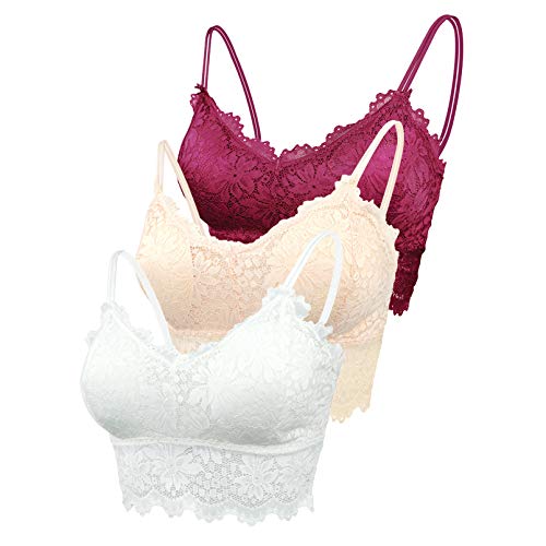 FEOYA Bustier Tops Damen Spitzen BH Ohne Bügel Nahtlos Korsett Yoga Fitness Dessous Trägertop 3 Stück Weiß+Rot+Hautfarbe - Größe S(70A-75B) von FEOYA