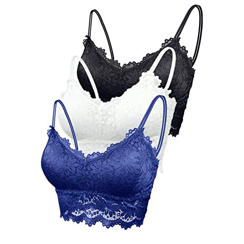 FEOYA Bustier Tops Damen Spitzen BH Ohne Bügel Nahtlos Korsett Yoga Fitness Dessous Trägertop 3 Stück Weiß+Schwarz+Blau - Größe S(70A-75B) von FEOYA