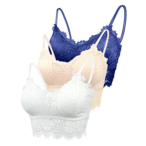 FEOYA Bustier Tops Damen Spitzen BH Ohne Bügel Nahtlos Korsett Yoga Fitness Dessous Trägertop 3 Stück Weiß+Blau+Hautfarbe - Größe L(80D-85D) von FEOYA