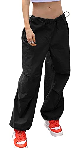 FEOYA Cargohose Damen Baggy Weites Bein Gerade Hose Multi-Taschen Freizeithose Gummibund Sweathose Hersteller L/DE Größe 38-40-A-Schwarz von FEOYA