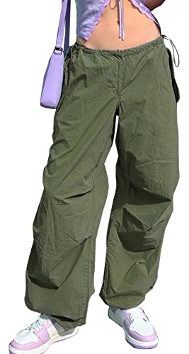 FEOYA Cargohose Damen Baggy Weites Bein Gerade Hose Multi-Taschen Freizeithose Gummibund Sweathose Hersteller M/DE Größe 36-38-A-Grünn von FEOYA