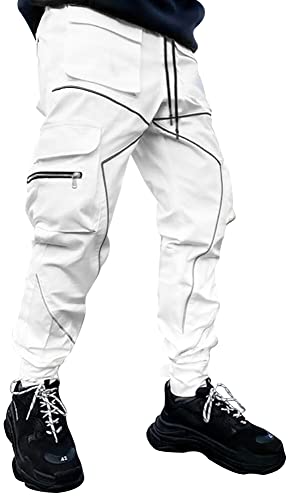 FEOYA Cargohose für Herren Reflektierende Technische Punk Hose Haremshose Jogger Weiß S von FEOYA