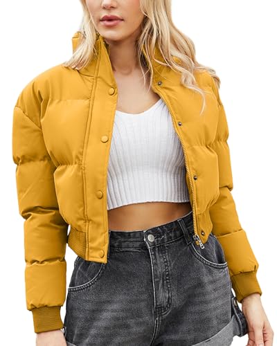 FEOYA Crop Pufferjacke Damen Winter Warmer Leichter Kurzmantel Langärmelige Stehkragen Gepolsterte Daunenjacken Steppjacke 01 Gelb M von FEOYA