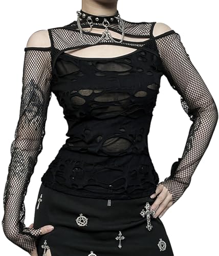 FEOYA Crop Top Damen Y2k Gothic Bauchfrei Tank Top Cami V Ausschnitt Oberteil Spitze Club Party Streetwear Spaghetti Emo Grunge Outfit mit Spitze Handsocken - S von FEOYA