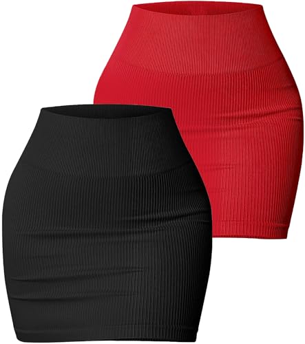 FEOYA Damen 2 Stück Mini Röcke Sexy Figurbetont Kurzer Rock Dehnbar Hohe Taille Gerippter Minirock Slim Fit Bleistiftrock 03-2PC L von FEOYA