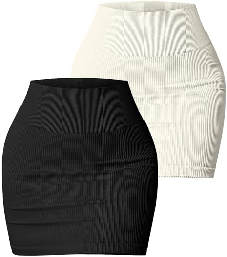 FEOYA Damen 2 Stück Mini Röcke Sexy Figurbetont Kurzer Strick Rock Dehnbar Hohe Taille Gerippter Minirock Slim Fit Mini Wickelröcke 01-2PC L von FEOYA