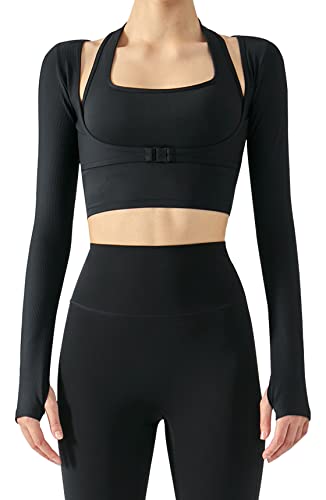 FEOYA Damen 2 in 1 Langarm Sportshirt mit Daumenloch Neckholder Yoga Crop Top Sport BH und Bolero S von FEOYA