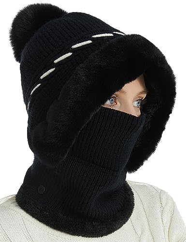 FEOYA Damen 2 in 1 Wintermütze Strickmütze mit Bommel Fleecefutter Balaclava Mütze Schal Set Dicker Halswärmer Hut Maske Set Einteilig A1 von FEOYA