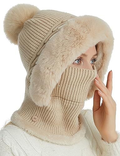 FEOYA Damen 2 in 1 Wintermütze Strickmütze mit Bommel Fleecefutter Balaclava Mütze Schal Set Dicker Halswärmer Hut Maske Set Einteilig A2 von FEOYA