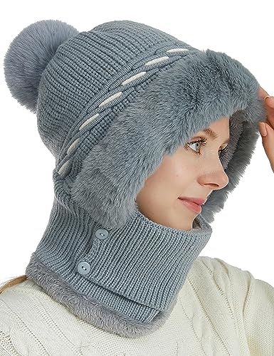 FEOYA Damen 2 in 1 Wintermütze Strickmütze mit Bommel Fleecefutter Balaclava Mütze Schal Set Dicker Halswärmer Hut Maske Set Einteilig A4 von FEOYA