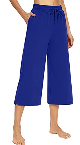 FEOYA Damen 3/4 Hose Sommer Baumwolle Freizeithosen Lose Weitem Bein Sweathose Sommerhose mit Elastischem Bund von FEOYA