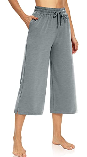 FEOYA Damen 3/4 Hose Sommer Baumwolle Freizeithosen Lose Weitem Bein Sweathose Sommerhose mit Elastischem Bund von FEOYA