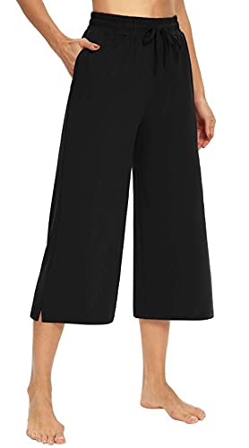 FEOYA Damen 3/4 Hose Sommer Baumwolle Freizeithosen Lose Weitem Bein Sweathose Sommerhose mit Elastischem Bund von FEOYA