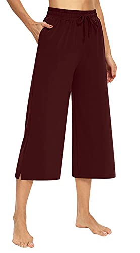 FEOYA Damen 3/4 Hose Sommer Baumwolle Freizeithosen Lose Weitem Bein Sweathose Sommerhose mit Elastischem Bund von FEOYA