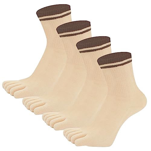 FEOYA Damen 4 Paar Sportsocken Baumwolle Socken mit Zehen Sneaker Socks with Toes Laufsocken B-Beige von FEOYA