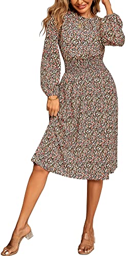 FEOYA Damen A-Linie Langarm Flowy Floral Kleid Quadratischer Ausschnitt Gesmoktes Kurzes Kleid U Ausschnitt Hohe Taille Casual Midi Kleider für Strand Urlaub S-XL, 05 Schwarz, Small von FEOYA